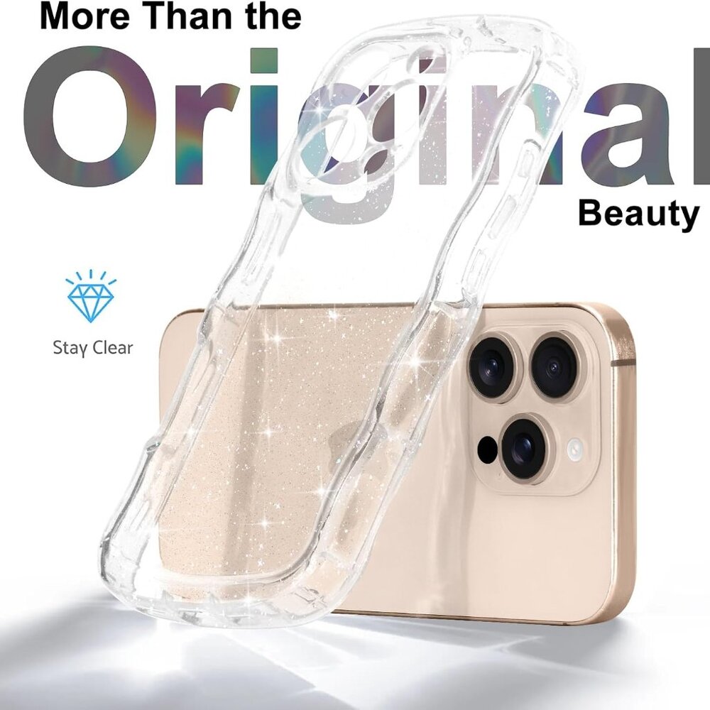 iPhone 16 Pro Max Case Clear, Cute Sparkly Bling Glitter Curly Wave NEW